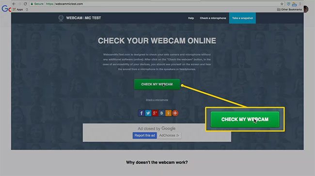 Nhấp vào nút Kiểm tra Webcam của tôi trên trang web