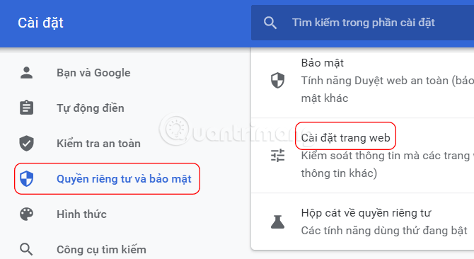 Nhấp vào mục Cài đặt trang web