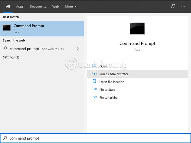 Mở Command Prompt với quyền admin