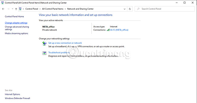 Nhấp vào tùy chọn Change adapter settings