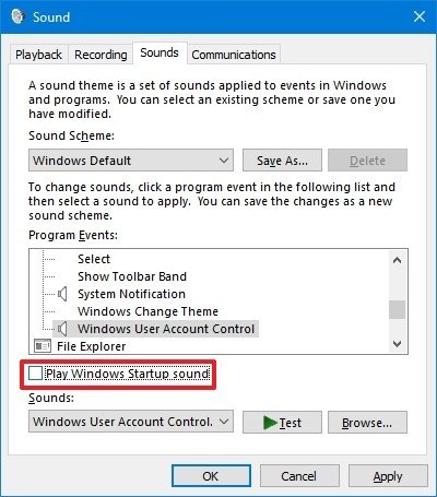 Bỏ dấu tích ở tùy chọn Play Windows Startup sound