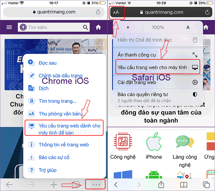 Yêu cầu trang web cho máy tính trên Android