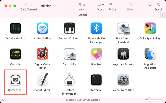 Finder with Go> Utilities và chọn “Screenshot”.