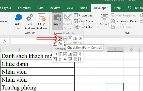 Cách chèn checkbox trong Excel