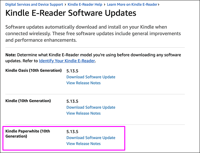 Trang web Kindle Software Updates