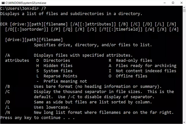 Lệnh dir có sẵn từ trong Command Prompt trên tất cả các hệ điều hành Windows