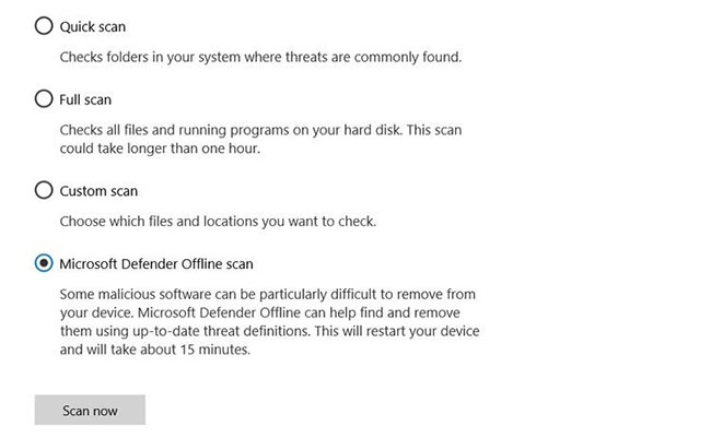 Bắt đầu quét Microsoft Defender Offline bằng Windows Security