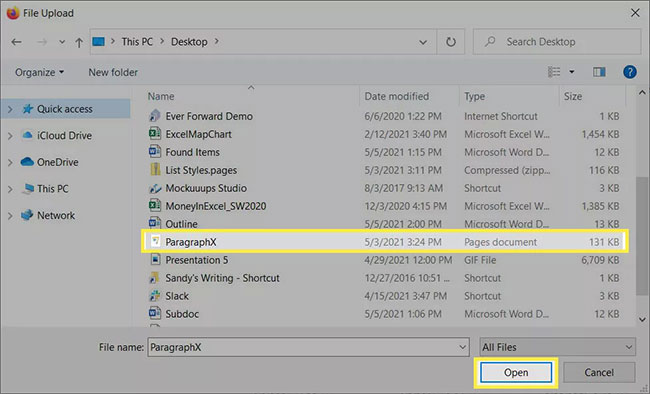 Duyệt và chọn file Pages