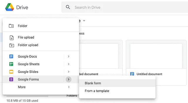 New -> Google Forms -> Blank form