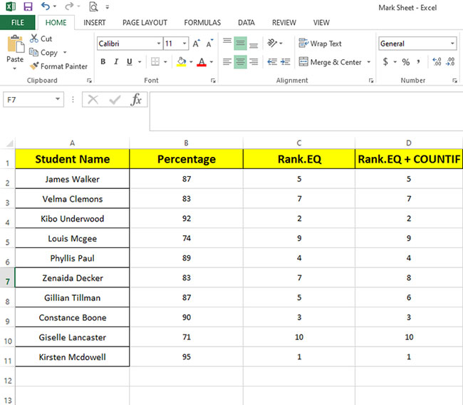 Cách sử dụng hàm RANK và SUMPRODUCT trong Excel với COUNTIF