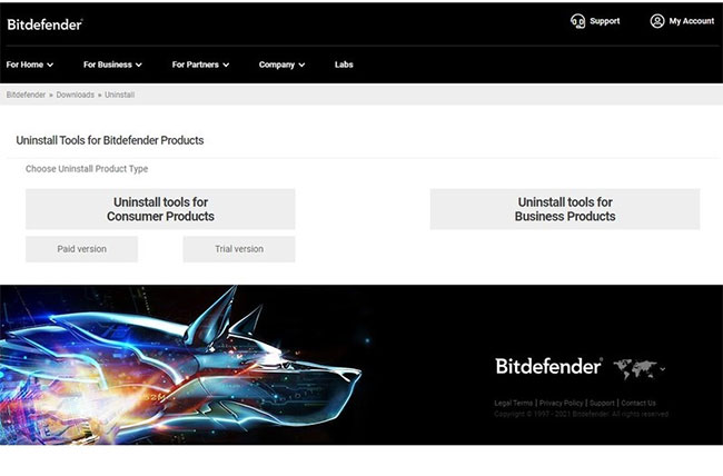 Chọn loại chương trình Bitdefender mà bạn đang muốn gỡ cài đặt