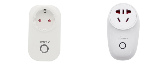 Ổ cắm điện thông minh Sonoff S26 (bên phải) và Ener-J Wifi (bên trái).