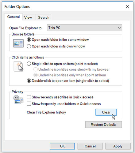 Tắt tính năng Quick Access và xóa lịch sử File Explorer