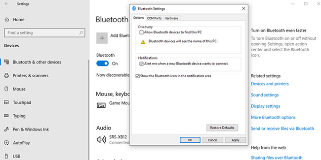 Kiểm tra cài đặt Bluetooth