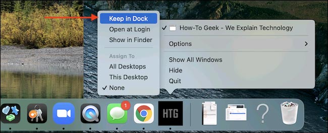 Chọn Options > Keep in Dock