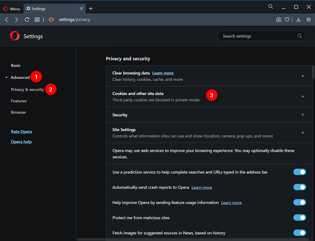 Truy cập Cookies and other site data