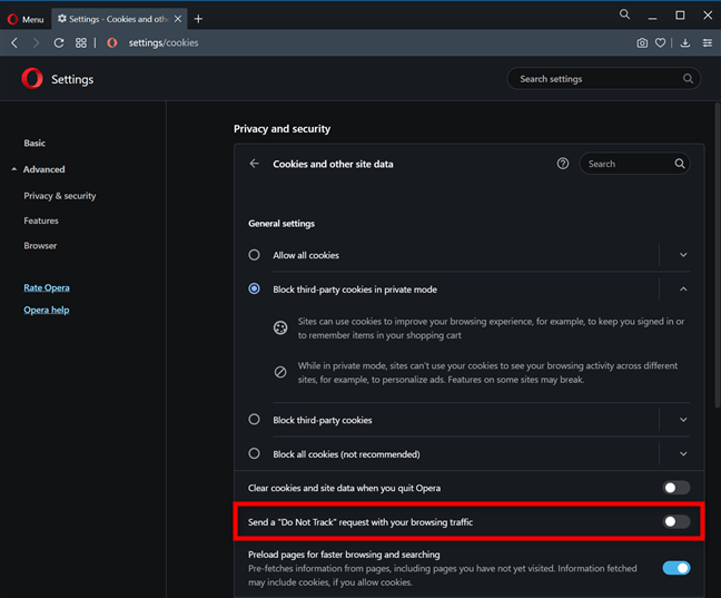 Nhấn vào Send a “Do Not Track” request with your browsing traffic