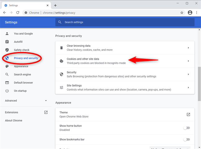 Mở Cookies and other site data