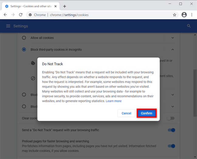 Xác nhận việc bật tính năng Không theo dõi trong Google Chrome