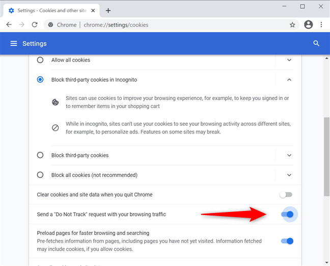 Công tắc chuyển đổi Do Not Track của Google Chrome được bật
