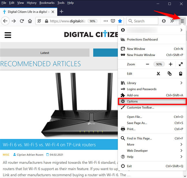 Mở Firefox Options