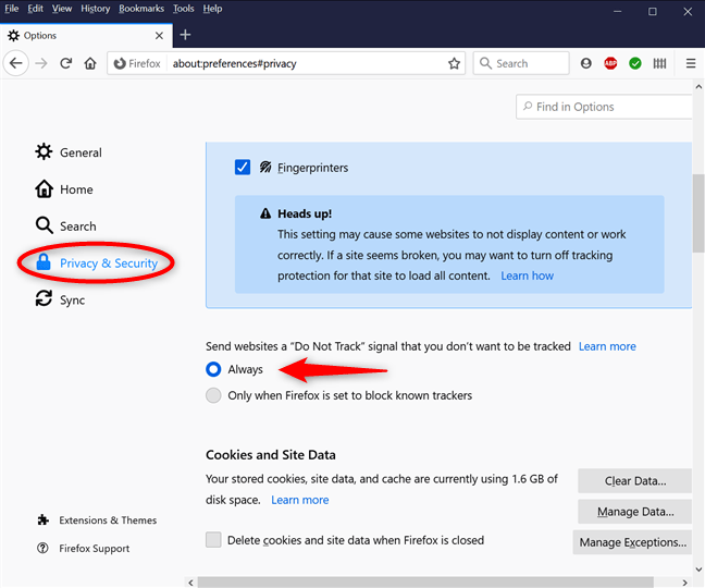 Bật cài đặt Do Not Track của Firefox
