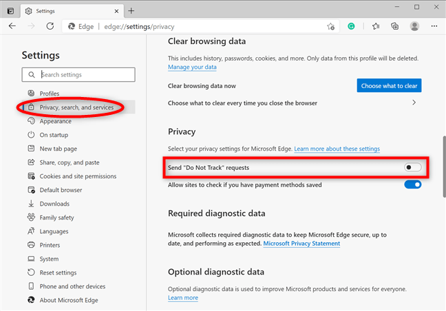 Nhấp vào Send “Do Not Track” requests