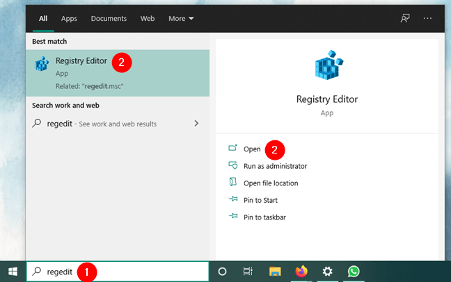 Mở Registry Editor (regedit) bằng cách sử dụng tìm kiếm trên Windows 10