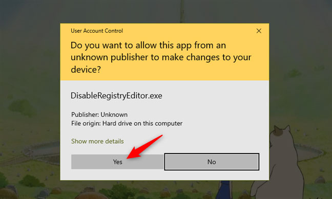 Cho phép DisableRegistryEditor.exe chạy, với quyền admin