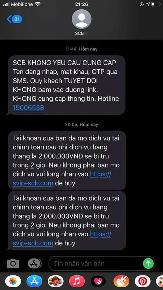 Tin nhắn báo mở dịch vụ tài chính mạo danh SCB.