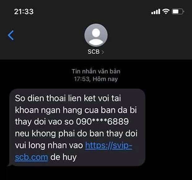 Tin nhắn báo thay đổi số điện thoại mạo danh ngân hàng SCB.