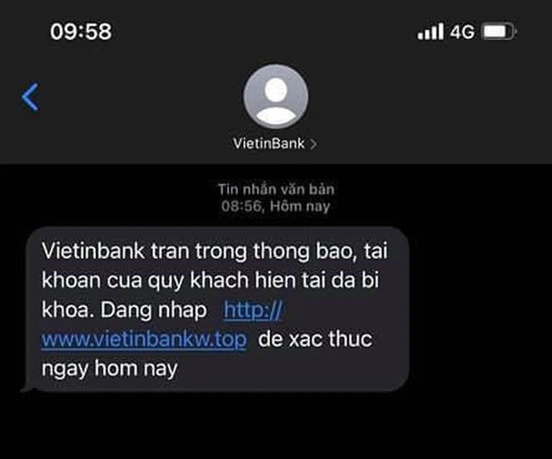 Tin nhắn báo mở tài khoản bị khoá mạo danh Vietinbank.