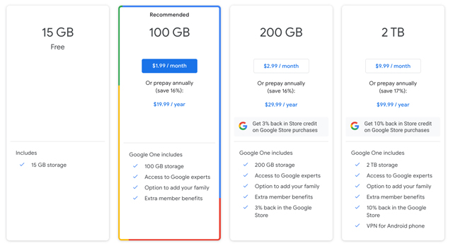 3 gói trả phí của Google One.