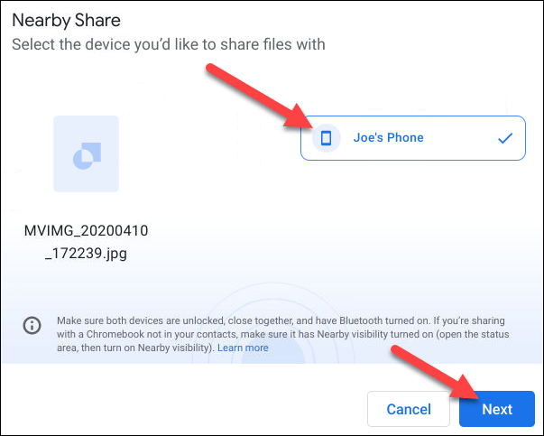 Click on the device you want to share the file with