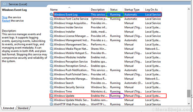 Tìm hai service “Windows Event Log” và “Windows Update”