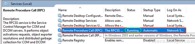 Kiểm tra xem “Remote Procedure Call (RPC)” có đang chạy hay không