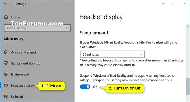 Bật hoặc tắt tính năng Suspend Mixed Reality and its Apps when Headset is Asleep trong Settings