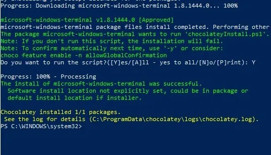 Windows Terminal được cài đặt thành công