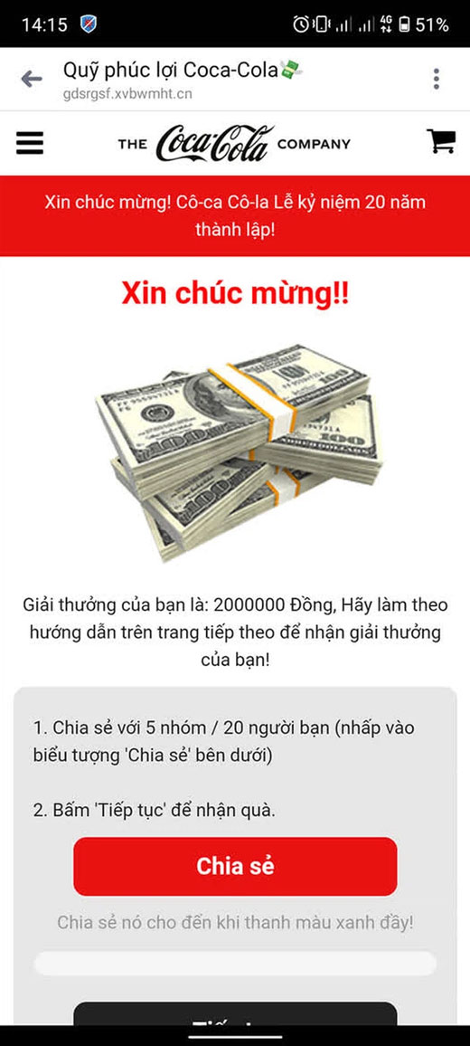 Đường link giả mạo nhãn hàng Cocacola đánh lừa người dùng 