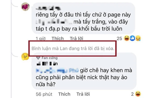 Facebook hiển thị thông báo bình luận đã bị xóa.