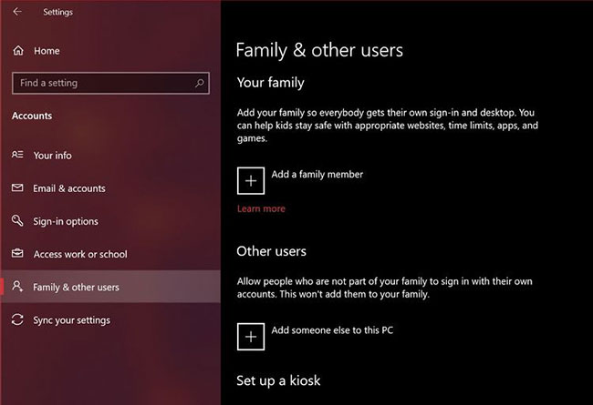 Tạo tài khoản người dùng cục bộ trong Windows 10 từ Settings