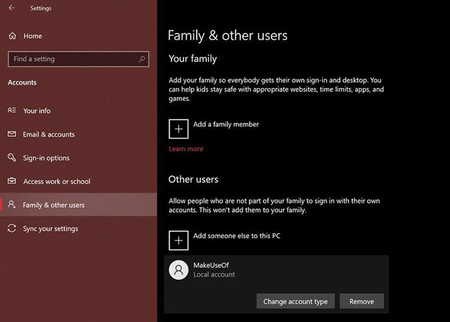Thay đổi loại tài khoản trên Windows 10 từ Settings