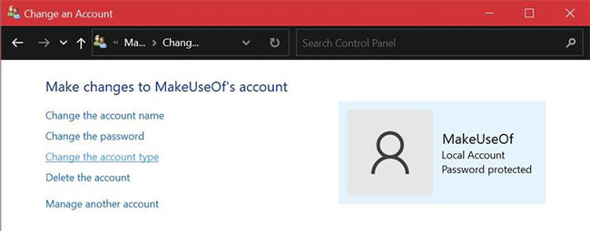 Chuyển loại tài khoản Windows 10 từ Control Panel