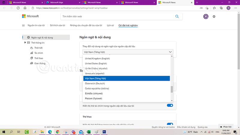 Đổi ngôn ngữ tin tức trên Windows 10