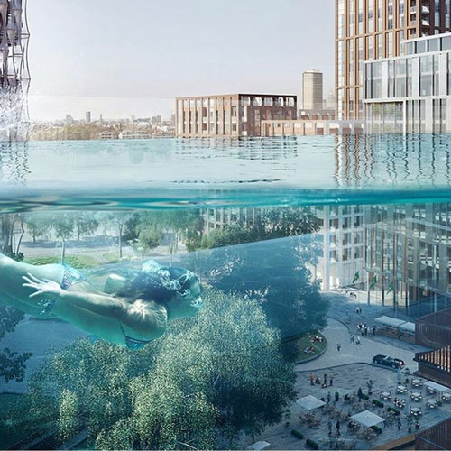 Ở độ cao 35m, và thông qua các tấm acrylic trong suốt, khách bơi ở Sky Pool vừa có thể ngắm nhìn thành phố từ trên cao