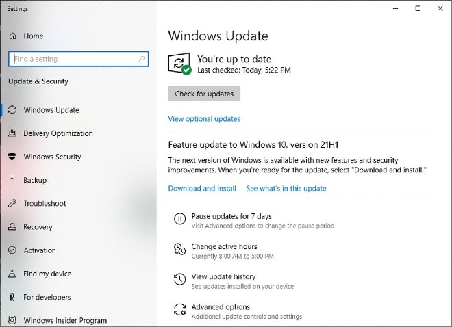 Bản cập nhật Windows 10 21H1 được hiển thị ưu tiên trong cửa sổ Windows Update