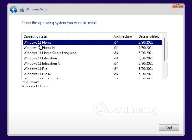  màn hình mới này, bạn được chọn lựa phiên bản Windows 11 mà mình muốn cài đặt rồi nhấn Next