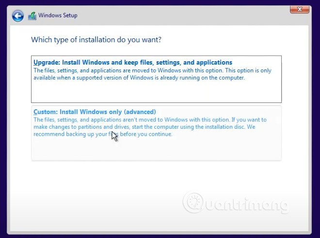chọn Custom: Install Windows only (advanced)