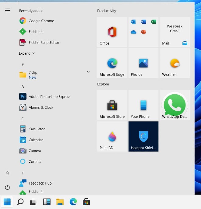 Old Start menu of Windows 10 on Windows 11