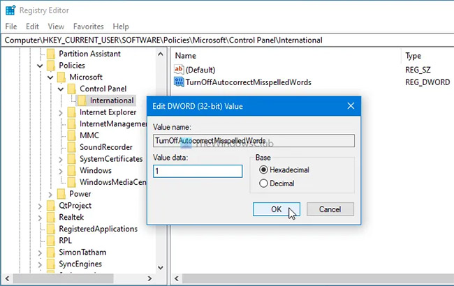 Đặt Value data thành 1
